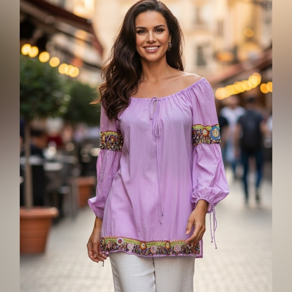 OndadeMar Lavender Blouse with Colorful Embroidery size S